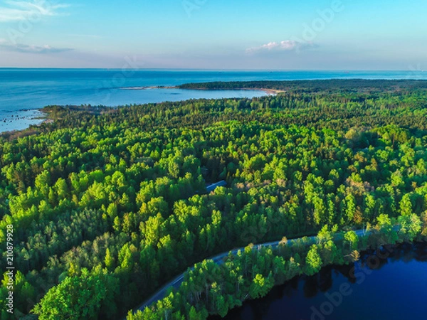 Fototapeta high view of the Gulf of Finland, forest and Islands at sunset