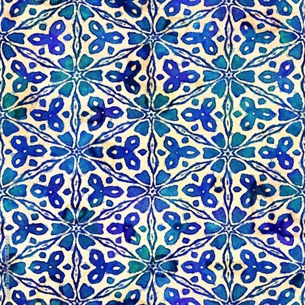 Fototapeta Native batik seamless watercolor artistic boho style colorful square pattern.