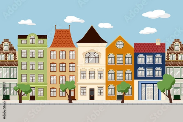 Fototapeta Seamless Border of Cute retro houses exterior. Collection of European building facades. Traditional architecture of Belgium and Netherlands