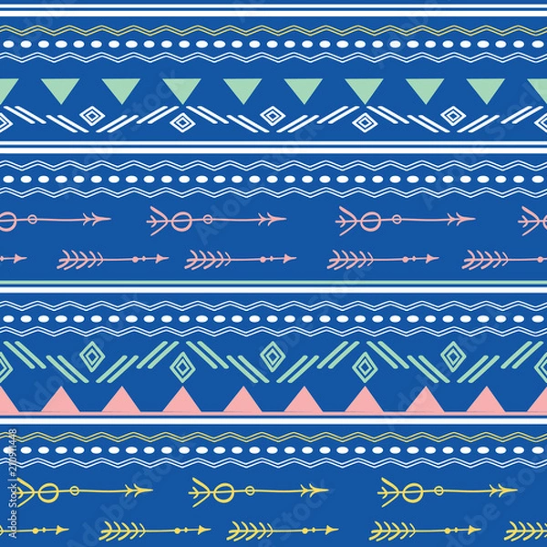 Obraz Blue pink tribal arrows seamless pattern. Great for folk modern wallpaper, backgrounds, invitations, packaging design projects. Surface pattern design.