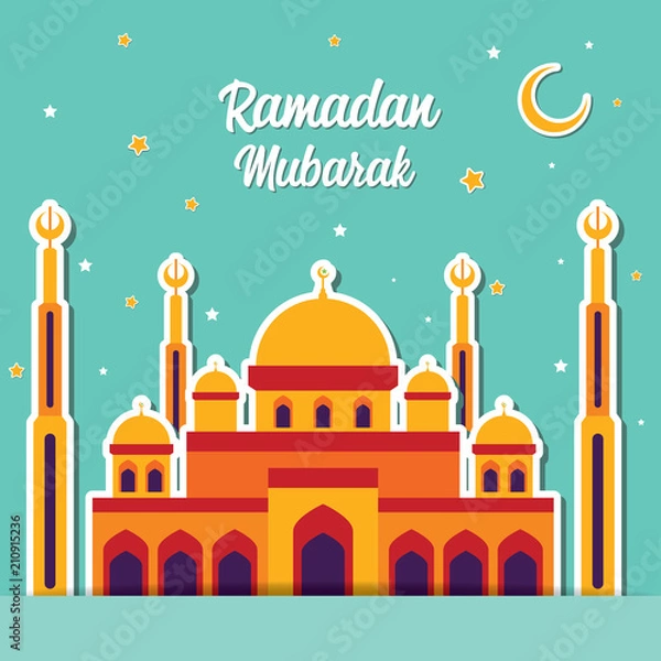 Fototapeta Mosque Flat Illustration. Ramadan Mubarak Greeting Card design with Mosque vector Illustration. Ramadan Mubarak Greeting Card Background. Ramadan Kareem. Flat Design.