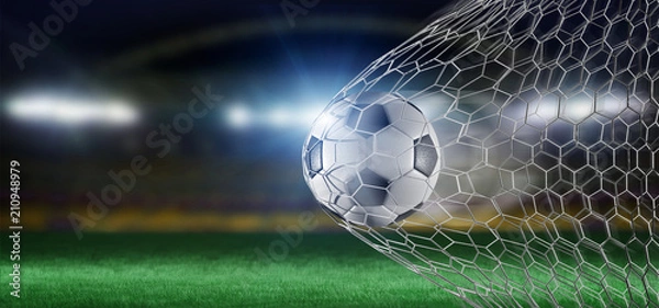 Fototapeta Football ball in the net of a goal - 3d rendering