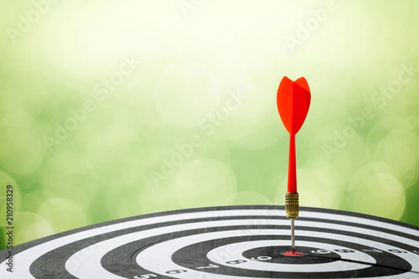 Fototapeta dart arrow hitting in the target center of dartboard. concept of the success