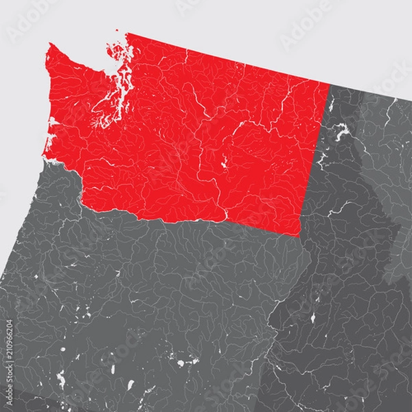 Fototapeta U.S. states - map of Washington. Please look at my other images of cartographic series - they are all very detailed and carefully drawn by hand WITH RIVERS AND LAKES.
