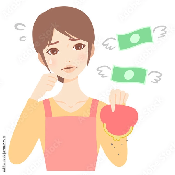 Obraz がま口財布を持つやりくり下手な若い主婦　エプロン　美人　フラット　イラスト