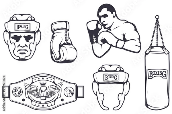 Obraz Set of different elements for box design - boxing helmet, punching bag, boxing gloves, boxing belt, boxer man. Sports equipment set. Fitness illustrations. Sport Club logo. Vector graphics to design