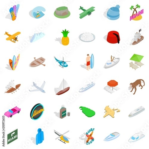 Fototapeta Summer adventure icons set. Isometric style of 36 summer adventure vector icons for web isolated on white background