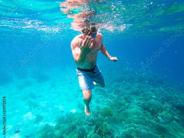 Obraz Man inviting you to come snorkelling with him in Cebu, Phillipines.