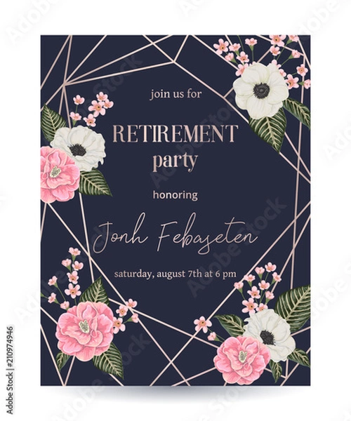 Fototapeta Retirement party invitation. Design template with rose gold polygonal frame and floral elements in watercolor style. Pink camellias, anemone and alstroemeria flowers. Vector illustration