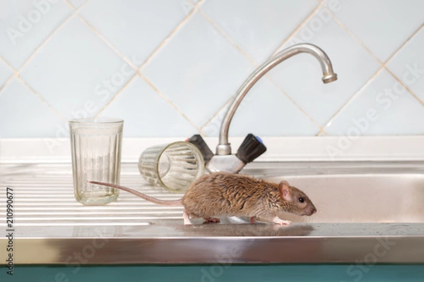 Obraz Zbliżenie młody szczur (Rattus norvegicus) grasuje na zlewie w kuchni na tle dwóch szklanek fasetowanych. Walcz z gryzoniami w mieszkaniu. Eksterminacja.