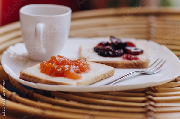 Obraz two sweet toast with fruit jam. closeup