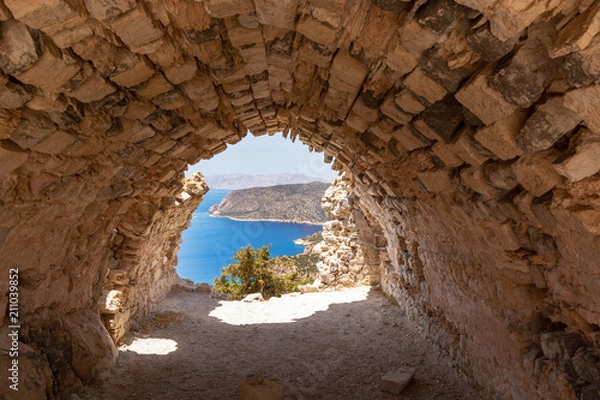 Fototapeta Sea view from the ruins of a small chapel. The castle of Monolithos on Rhodes island. Greece