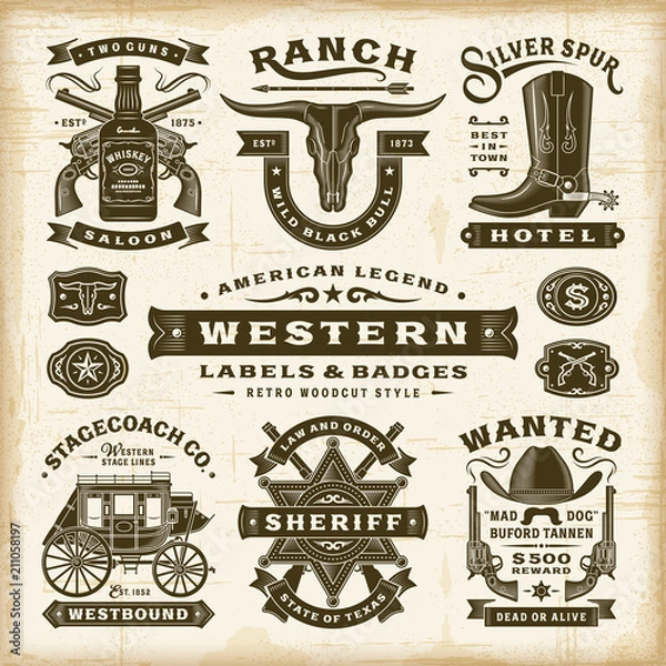 Fototapeta Vintage Western Labels And Badges Set. Editable EPS10 vector illustration in retro woodcut style with transparency.