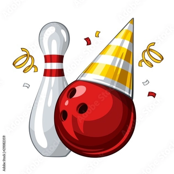 Fototapeta Vector illustration of bowling skittle and red bowling ball in golden party hat, isolated on white background. Party shiny hat with ribbon. Happy birthday 1.1