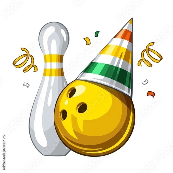 Fototapeta Vector illustration of bowling skittle and yellow bowling ball in colored party hat, isolated on white background. Party shiny hat with ribbon. Happy birthday 1.1