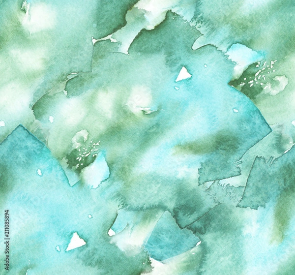 Fototapeta Seamless background pattern with mint green and turquoise blue brush strokes   painted in watercolor
