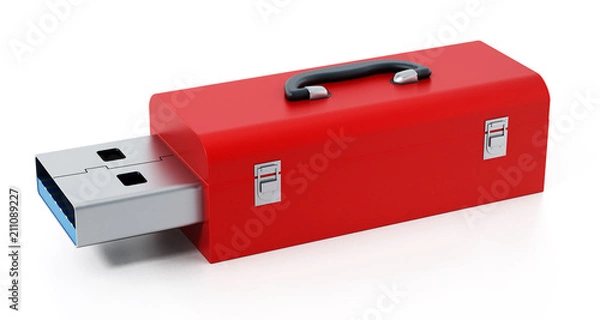 Fototapeta Red toolbox with usb 3.0 plug. 3D illustration