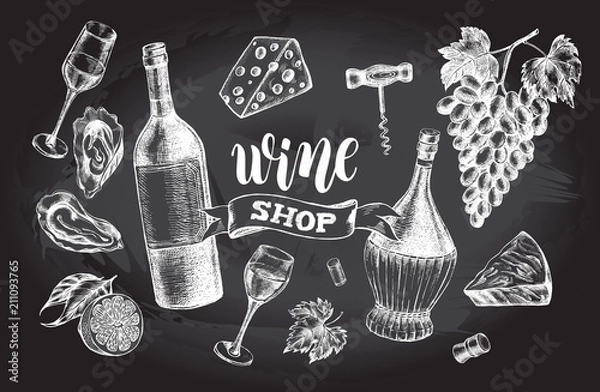 Fototapeta Zestaw koncepcji wina. Butelki, szklanki, korek, kiść winogron, korkociąg, ostrygi, ser. Atrament ręcznie rysowane ilustracji wektorowych z napisem w stylu kaligrafii pędzla. Napój element do projektowania menu.
