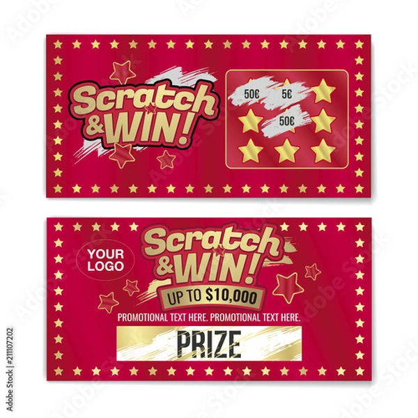 Obraz Template cards with scratch & win letters. Golden colors letters. CMYK colors. Place for prize.