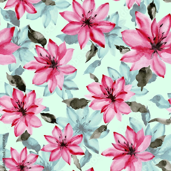 Fototapeta Beautiful pink flowers with leaves on light blue background. Seamless floral pattern.  Watercolor painting. Hand painted botanical illustration.