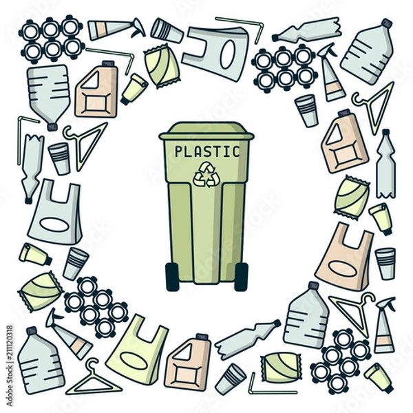 Fototapeta Plastic recycling card with garbage and dumpster. Linear style vector illustration. EPS10