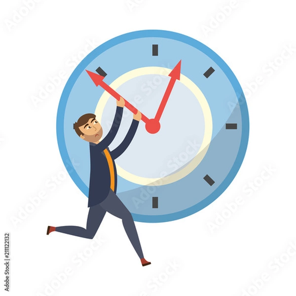 Fototapeta Exhausted businessman with sad emotion trying to stop clock hand. Overwork, stress deadline and time management concept. Vector flat illustration