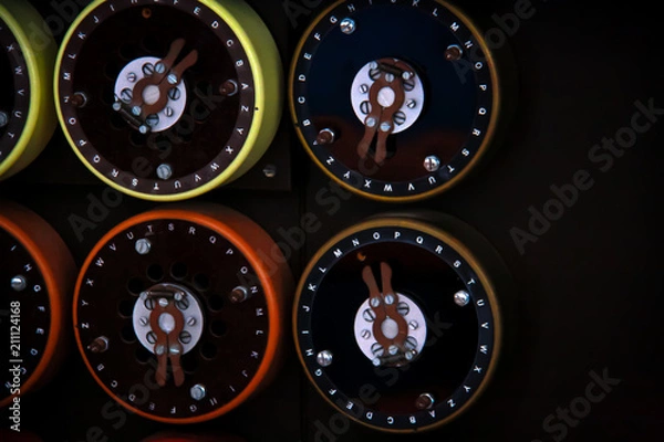 Fototapeta Close up of rotary dials on the front of the British military's Bombe machine, used to decode German Enigma machine encoded messages during world war 2