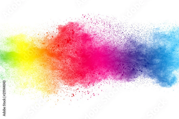 Obraz Wybuch proszku streszczenie multi kolor na białym tle. Zatrzymaj ruch rozpryskiwania się cząstek kurzu. Malowane Holi na festiwalu.