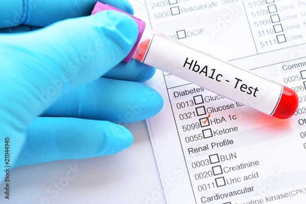 Fototapeta Probówka na próbkę krwi z formularzem zamówienia na wykonanie testu HbA1c, diagnostyki cukrzycy
