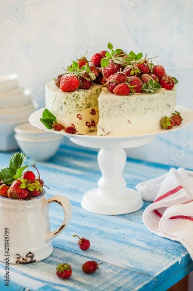 Fototapeta Strawberry and Basil Ice Cream Cake