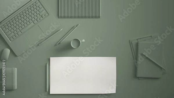 Fototapeta Pastel green monochrome minimal office table desk. Workspace with laptop, notebook, pencils and coffee cup. Flat lay, top view, blank paper mockup template
