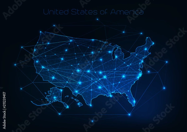 Fototapeta United States of America USA map outline with stars and lines abstract framework.