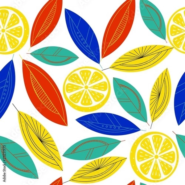 Fototapeta Lenons with colored leaves pattern seamless jpeg