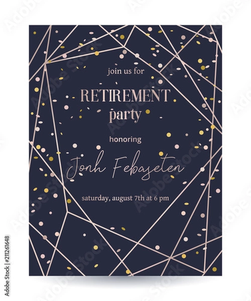 Fototapeta Retirement party invitation. Design template with rose gold polygonal frame and confetti. Vector illustration 