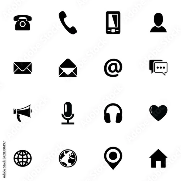 Fototapeta Communication icon set. Vector black flat pictograms for business, mobile, web: phone, mobile, profile, mail, envelope, location, web, chat, microphone, headphones, megaphone, home and others