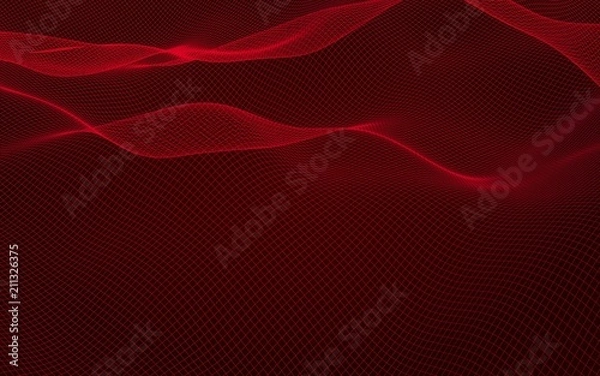 Fototapeta Abstract landscape on a red background. Cyberspace grid. Hi-tech network. . 3D illustration
