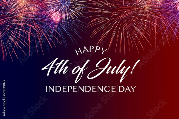 Fototapeta Happy JUly 4th greeting with red and blue background with fireworks