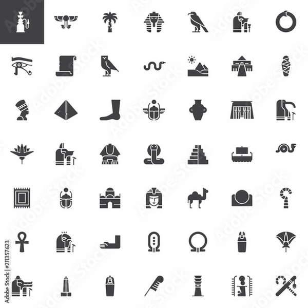Fototapeta Egypt elements vector icons set, modern solid symbol collection, filled style pictogram pack. Signs, logo illustration. Set includes icons as Pipe, Hieroglyph, Pharaoh, Papyrus, Pyramid, Nefertiti