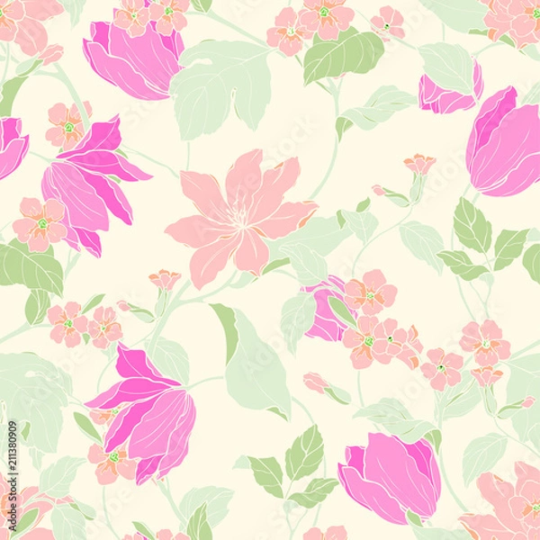 Fototapeta Seamless pattern with flowers magnolia and tulips