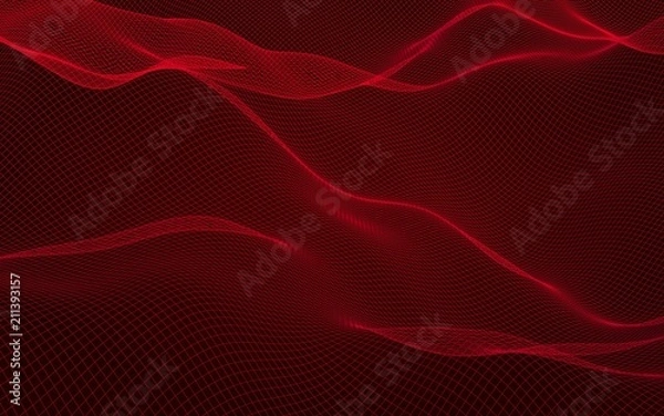 Fototapeta Abstract landscape on a red background. Cyberspace grid. Hi-tech network. . 3D illustration