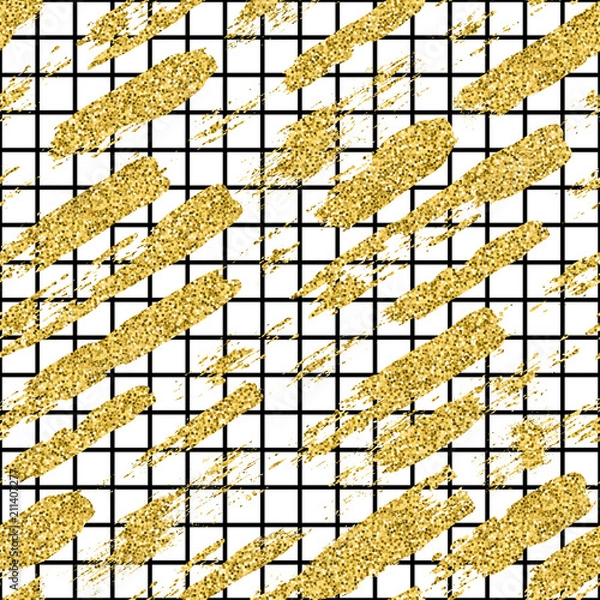 Fototapeta Modern seamless pattern with glitter brush stripes and strokes. Golden, black color on white background. Hand painted grange texture. Shiny spark elements. Fashion modern style. Repeat fabric print.