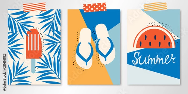 Fototapeta Zestaw trzech tapingowych kart letnich wektor z lodami w liściach palmowych, sandałach i arbuzie. Wszystko izolowane i warstwowe
