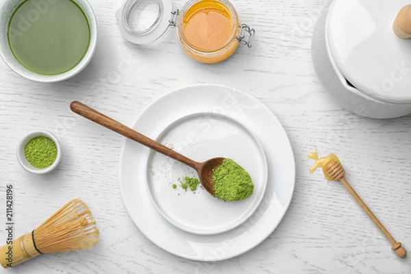 Fototapeta Flat lay composition with matcha tea on light background