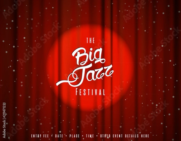 Fototapeta Teather stage with red heavy curtain with golden text and stars.