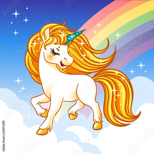Fototapeta Fantasy unicorn with golden mane and rainbow.