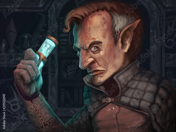 Fototapeta Goblin ze skarbem stojący w swoim sklepie, patrząc w stronę kamery w widoku 3/4 - Cyfrowy obraz fantasy