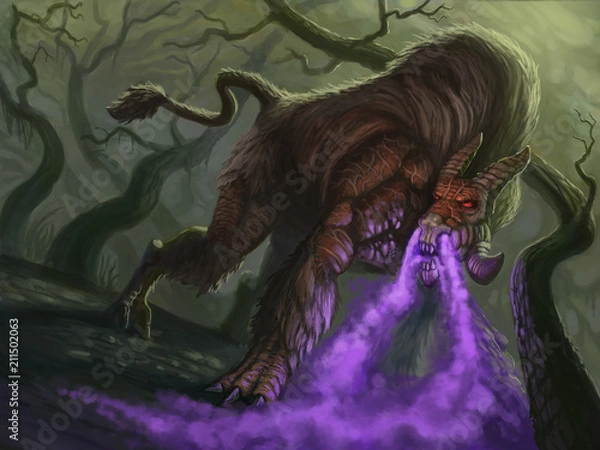 Fototapeta Oddychająca fioletowa chmura zwierzę fantasy pozujące w lesie - cyfrowy obraz fantasy
