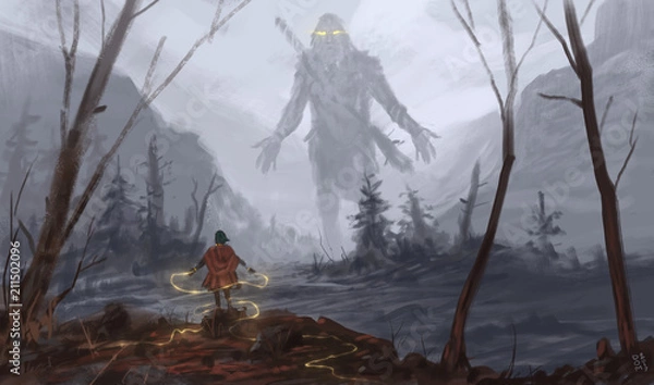 Fototapeta Młoda czarodziejka posiadająca giganta wzgórzowego z magią - Cyfrowe malarstwo fantasy