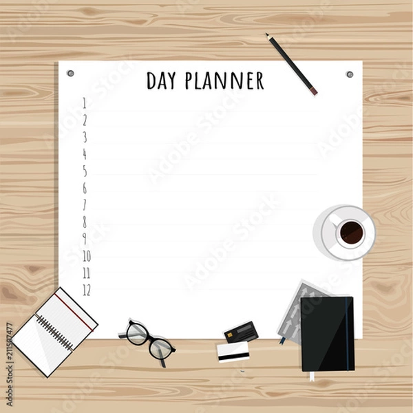 Fototapeta Day planner template. Desktop with paper planner, cup of coffee, glasses, credit cards, notebook. Hand drawn vector flat illustration. 