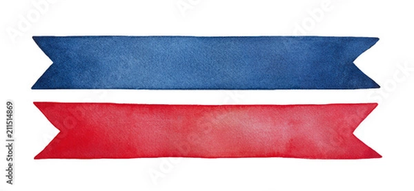 Obraz Small collection of two empty decorative ribbons, bright red and dark blue colours. Hand drawn watercolour graphic painting on white, isolated clip art elements for design, decor, scrapbooking.